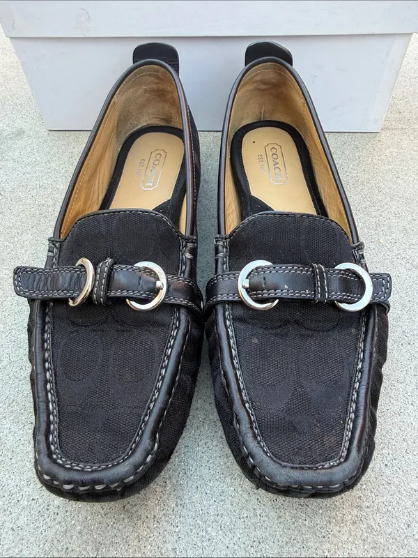 COACH Jillian Black Leather & Fabric Women's Loafers with Silver Hardware - Image 2