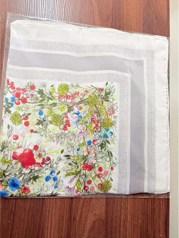Elegant Floral Square Scarf in Satin Polyester, 68cm x 68cm, Vibrant Red, Blue - Image 4