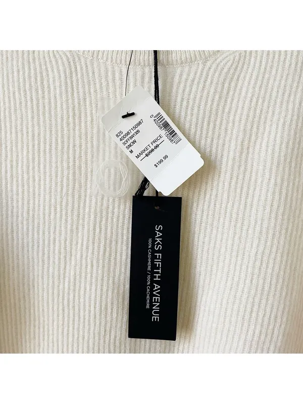Saks Fifth Avenue 100% Cashmere Balloon Sleeve Sweater Snow Size Medium Neutral - Image 5