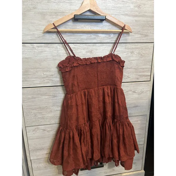 Altar'd State Floral Burnout Ruched Tiered Mini Dress Rust Brown XS - Image 6