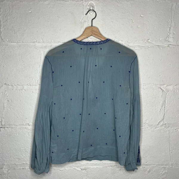 J.Crew‎ Women's Blue Cotton Peasant Boho Tie Blouse Size 2 - Image 3