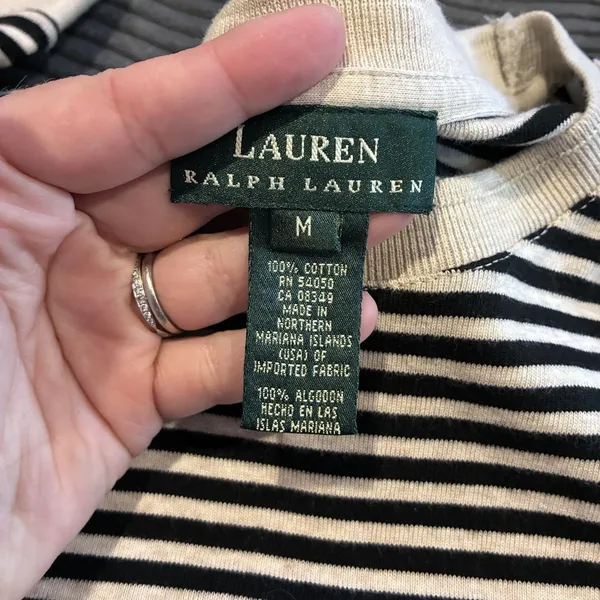 VTG Lauren Ralph Lauren Womens Medium Striped Top Black and Light Beige - Image 7