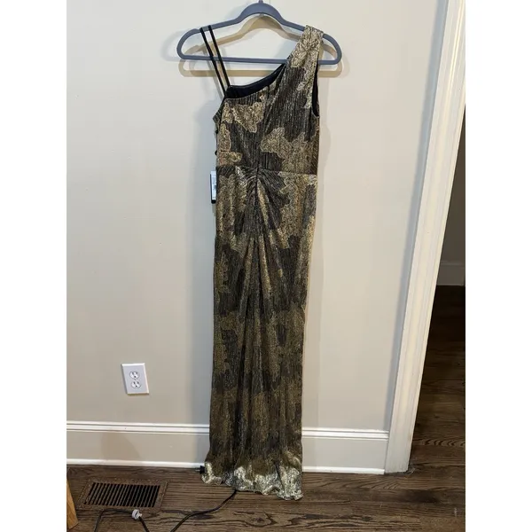 Adrianna Papell One Shoulder Metallic Gown‎ Size 2 Gold Black Prom Gala MOB - Image 3