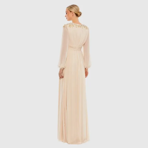 MAC DUGGAL Beige Embellished Shoulder Blouson Sleeve Evening Gown Size 8 - Image 4