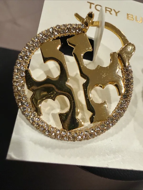 Tory Burch | Gold Plated Logo Crystal-Trim Hoop Earrings - Image 2