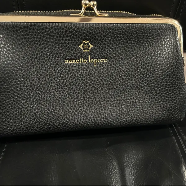 Nanette Lepore Black Textured Wallet with Gold Trim crossbody. NWOT - Image 2