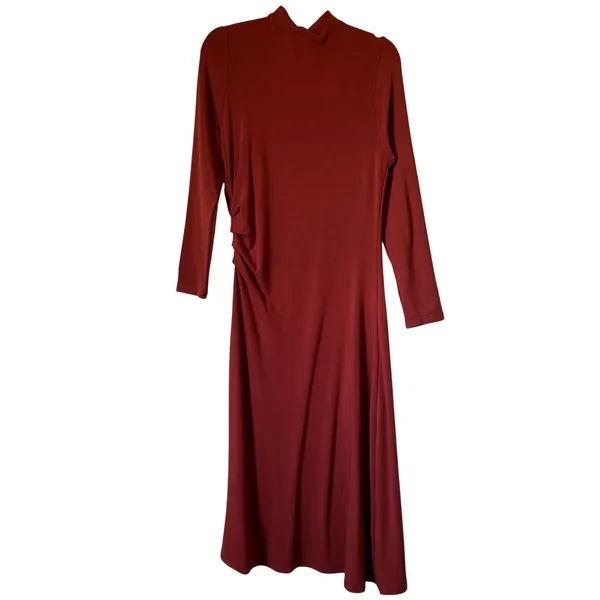 OGL Eco-Mousse ProWarm Long Sleeves Mockneck Tucks Midi Dress Rust Red XL - Image 3