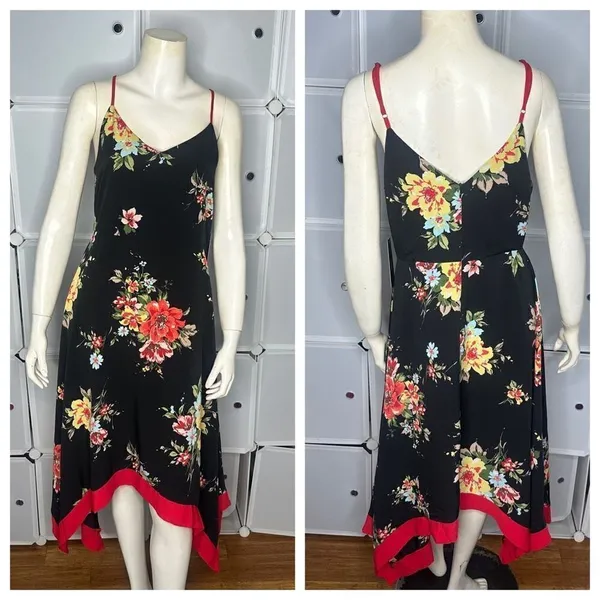 Lulu’s Go Fleur a Twirl Black Floral Print Handkerchief Midi Dress Size Large - Image 3