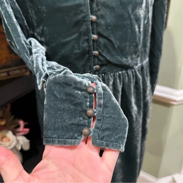Anthropologie Holding Horses Green Crushed Velvet Babydoll Shirt Dress Size Smal - Image 4