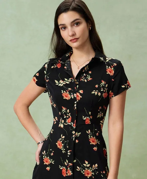 RIHOAS Black Floral Button A-Line Midi Dress M - Image 3