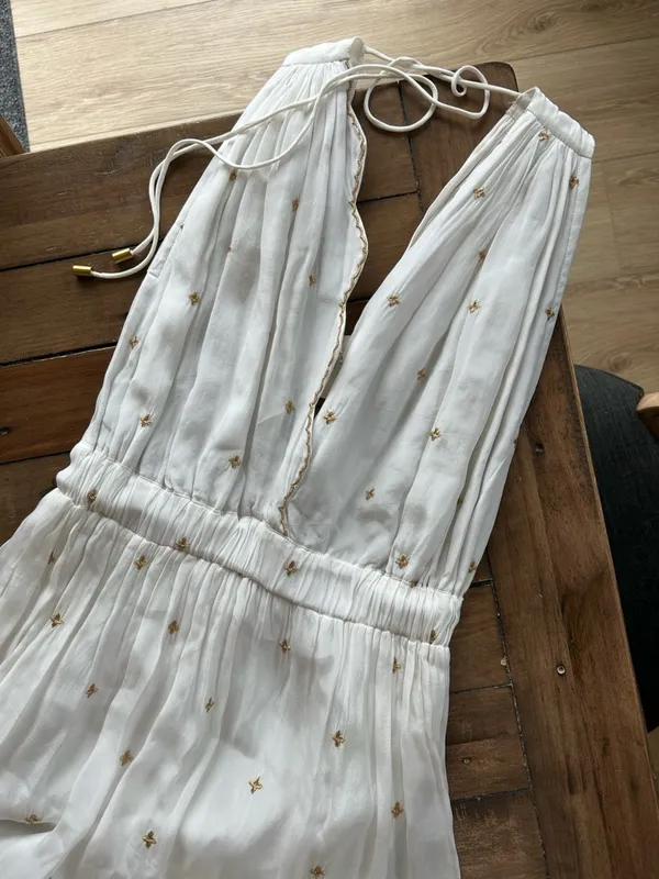 Guadalupe Johana White Gold Embroidered Dress S - Image 4