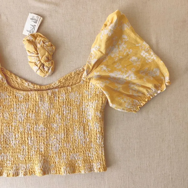 Abercrombie & Fitch Smocked Floral Puff Sleeve Top Women Large Yellow - Image 2