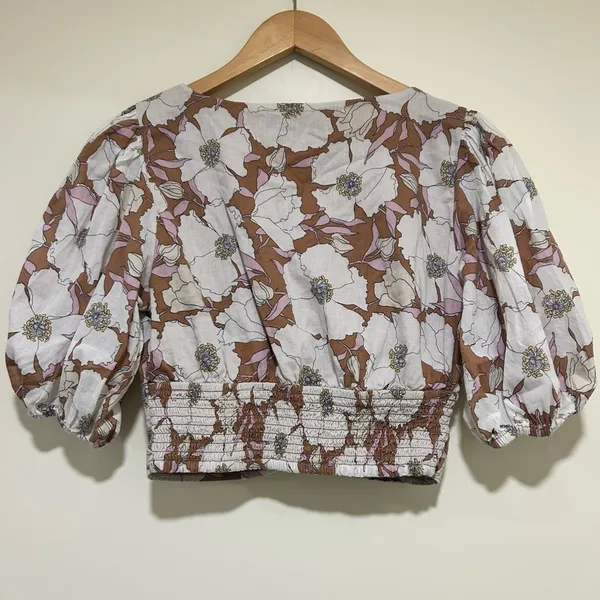 Abercrombie & Fitch Floral Cropped Y2K Blouse in Brown & White - Size Medium - Image 4