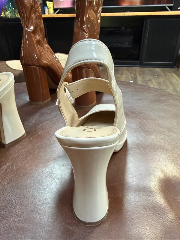 Sam Edelman Women’s Cream Patent Block Heel Slingback Pumps with Gold Buckle - Image 2