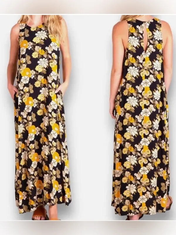 Natural Life Floral‎ Maxi Dress Black Yellow Sleeveless Pockets L/XL - Image 2