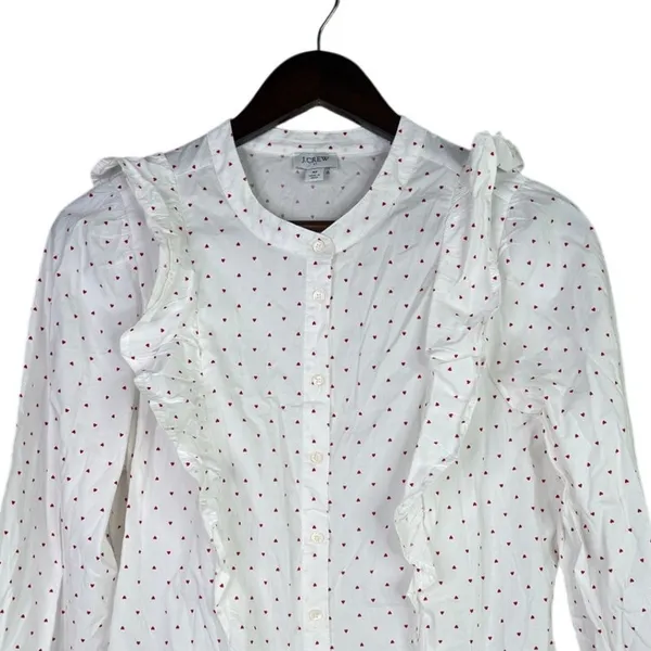 J.Crew Cotton Poplin Ruffle Heart Print Button Down LongSleeve Shirt M White Red - Image 2