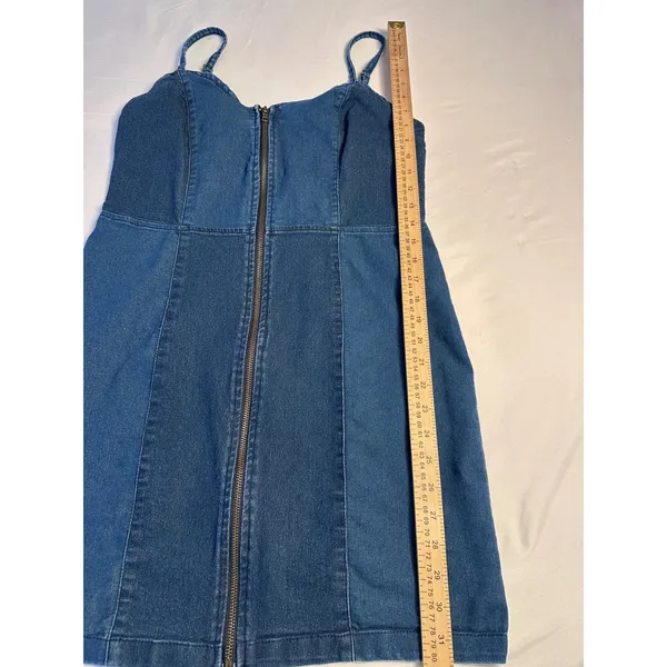 Derek Heart Blue Denim Zip Front Mini Dress Women Large Sweetheart Neckline - Image 9