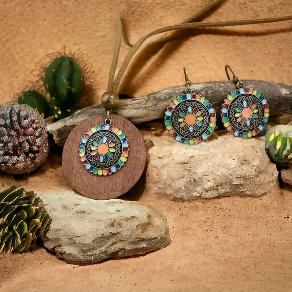 Boho Necklace‎ & Earrings Set Colorful Flower Design Tribal Accessories - Image 4