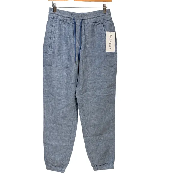 Athleta Retreat Linen Pant Blue Heathered Jogger Drawstring Tapered Leg NEW - Image 2