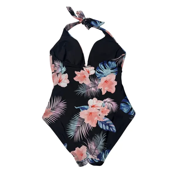 DKNY One Piece Swimsuit Tropical Floral Halter Tummy Control M Est. - Image 2