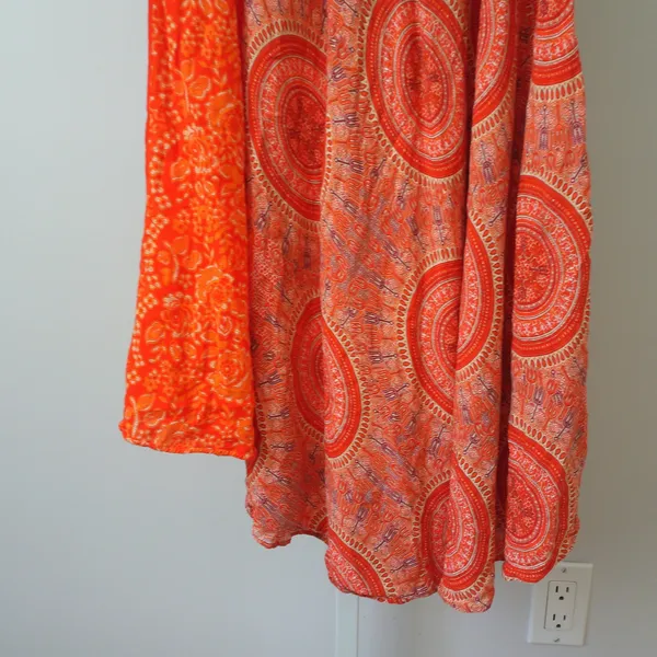 Boho Cotton Beachy Relaxed Shabby Lagenlook Smocked Maxi Skirt OS Orange - Image 3