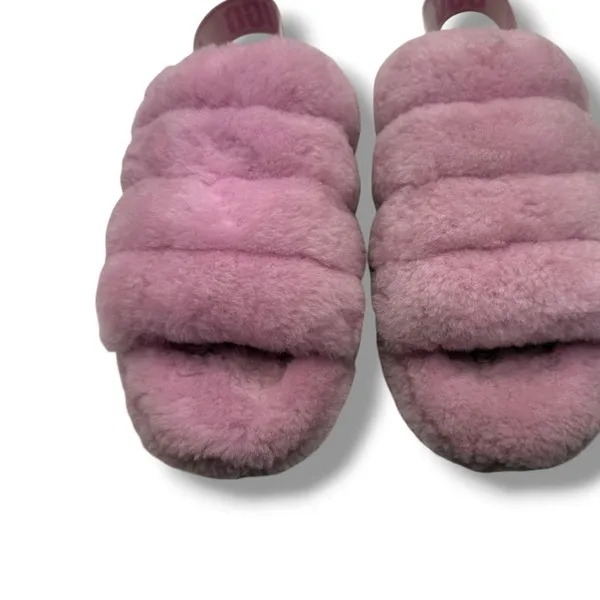 UGG Fluff Yeah Slide‎ Slippers Womens 8 Pink Sheepskin Fur Logo Strap Sandals - Image 7