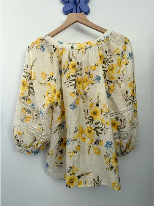 Fig & Flower Large Yellow Floral Sheer Button Up Blouse Puff Sleeve Relaxed Boho - Image 4