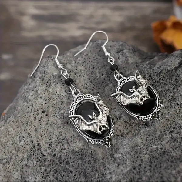 Gothic Bat Cameo Vintage Style Synthetic Black Silver-Plated Alloy Drop Earrings - Image 12
