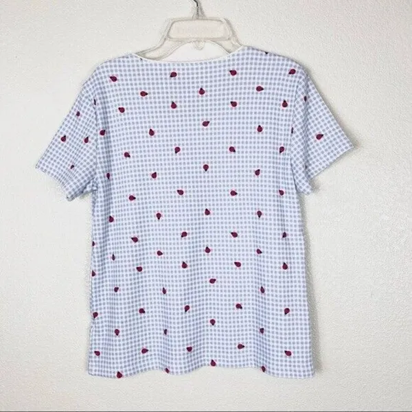 Vintage Blue & White Gingham Ladybug Picnic Pattern Scoop Neck Tshirt Size S - Image 2