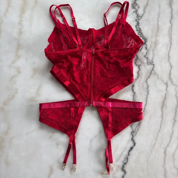 Forplay Red Lace Corset Bustier Top Garter Straps Lingerie Teddy Bodysuit Large - Image 4