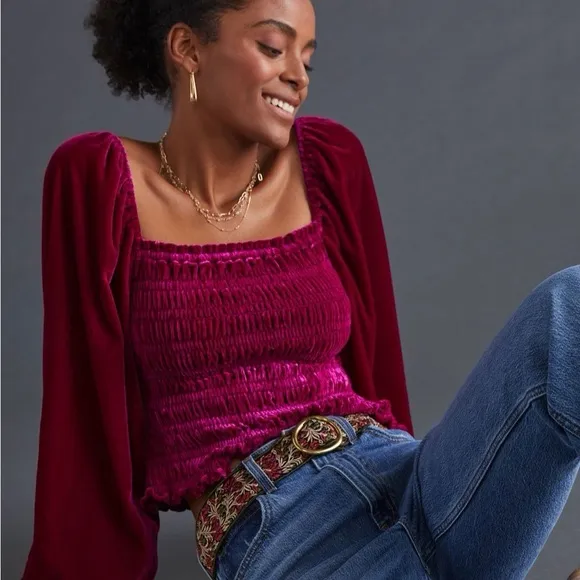 Anthropologie Jewel-Tone Pink Puff-Sleeve Velvet Blouse Peasant Smocked - Size S - Image 3