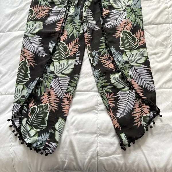 Womens Wide Leg Floral‎ Tropical Beach Summer Cover Up Flowy Drawstring Green - Image 8