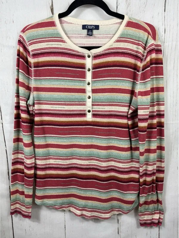 Chaps Denim Women's Sz L Striped Cotton South Western Henley Pullover Top - Image 2