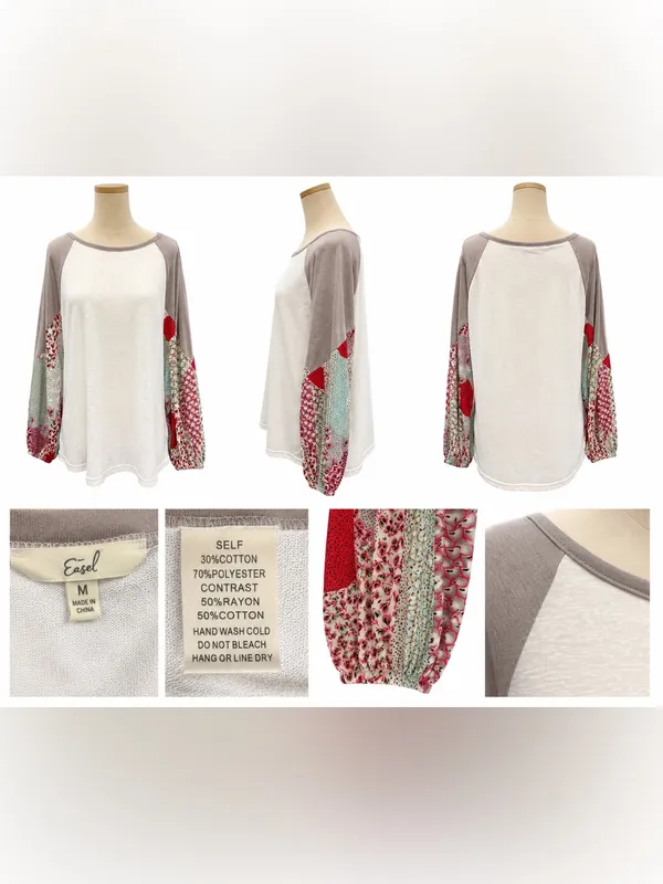Easel Mixed Media Raglan Top Boho Patchwork Sleeve White Gray Size Medium - Image 6