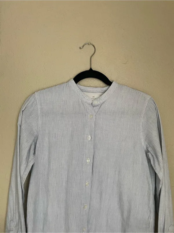 Muji Stand Alone Collar Button Front Long Sleeve Size XS Cotton Micro Stripe - Image 7