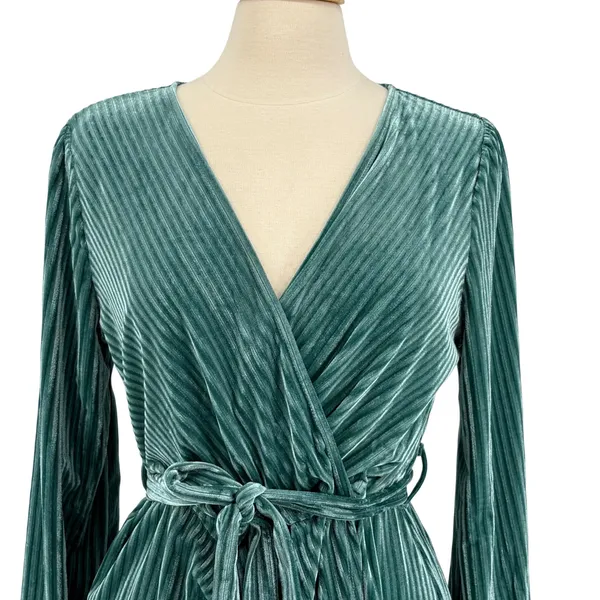 MEROKEETY Teal Ribbed Velvet Wrap Dress Long‎ Sleeve Tie Waist Size Large - Image 5