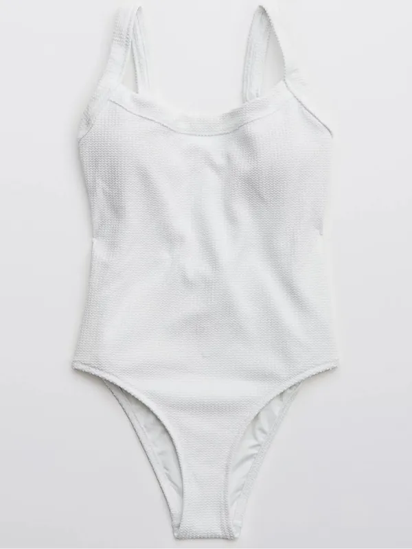Aerie Waffle Scoop One Piece Swimsuit medium solid white - Image 2