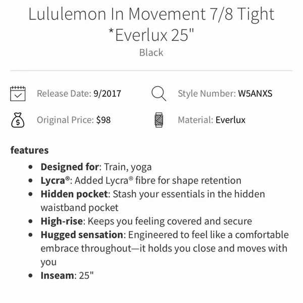 Lululemon In Movement 7/8 Tight 25” Everlux in Black Size 4 - Image 8