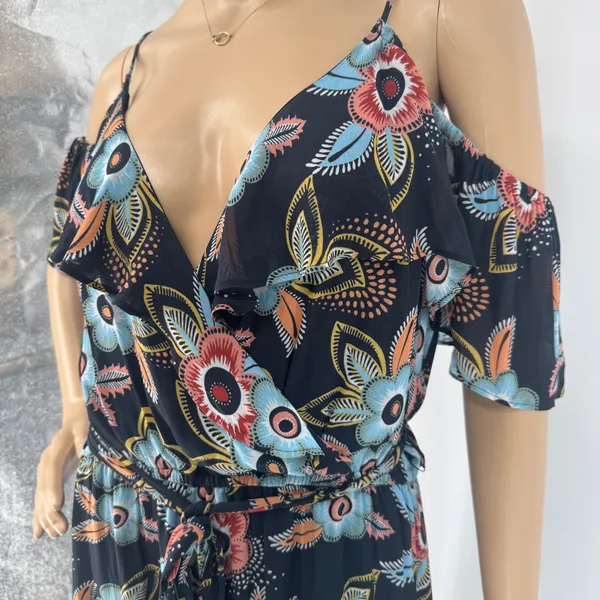 Ann Taylor Loft Floral Cold Shoulder Maxi Dress Navy Blue‎ Large Wrap Tie Waist - Image 15