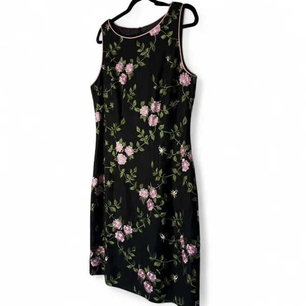 VTG Jessica Howard Embroidered Pink Roses Linen Blend Black Cocktail Dress Sz 14 - Image 3