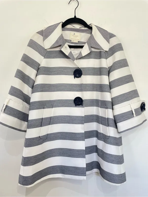 KATE SPADE Ivy Car Coat S Cream Navy Soda Fountain Stripe Bow Buttons - Image 3
