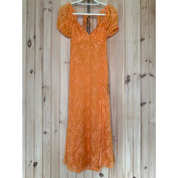 NWT Lulus Blossoming with Charm Orange Embroidered Tie-Back Midi Dress Casual M - Image 2