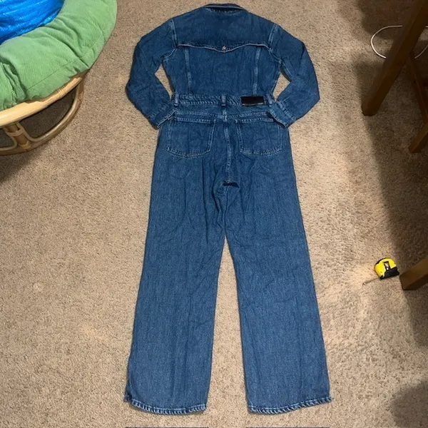 7 For All Mankind‎ Western Denim Jumpsuit Long Sleeve Wide Leg Dolly Blue Medium - Image 7