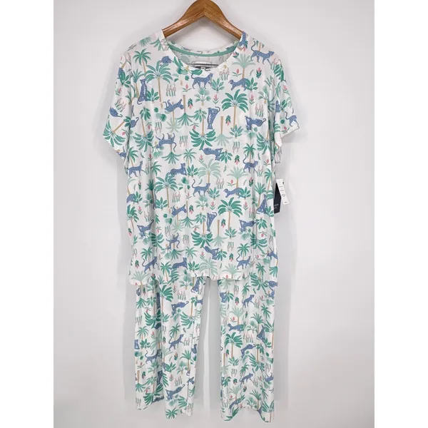 Crown & Ivy Pajama Set Top 2X‎ Pants 4X White Blue Leopard Palm Tree Print NWT - Image 2