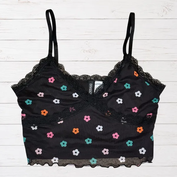 Whimsigoth Y2K Black Floral Lace Cami Top Colorful Flowers M - Image 2