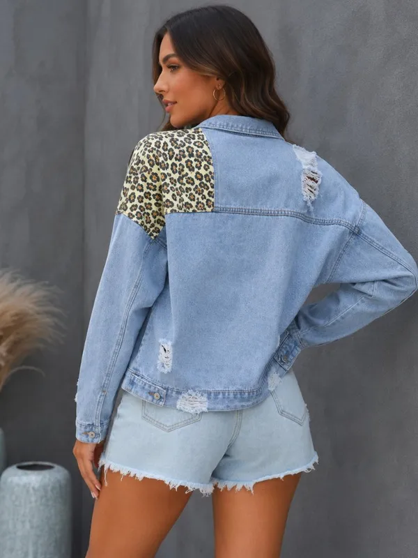 Leopard Patchwork Distressed Denim Jacket Relaxed Fit NWT Blue Size M - Image 3