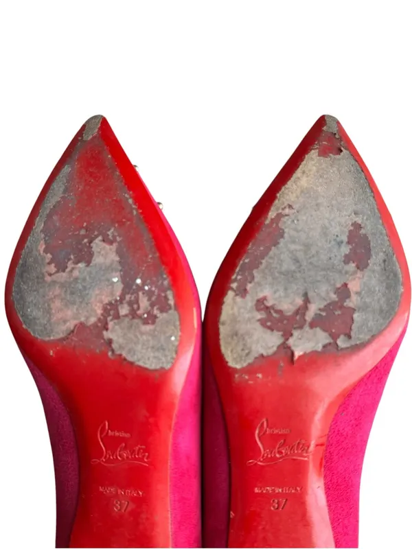 Christian Louboutin - Pink Suede Studded Pointed Toe Kitten Heel Pumps Sz 37 - Image 12