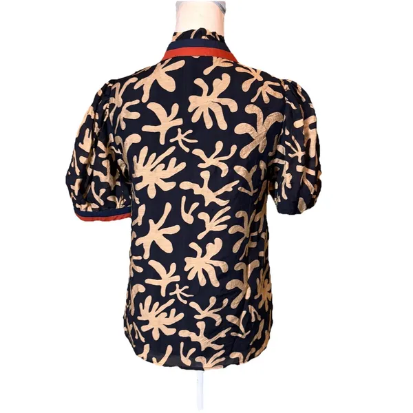 THML Puff Sleeve Blouse Black Beige‎ Abstract Print Mandarin Collar Size S - Image 2