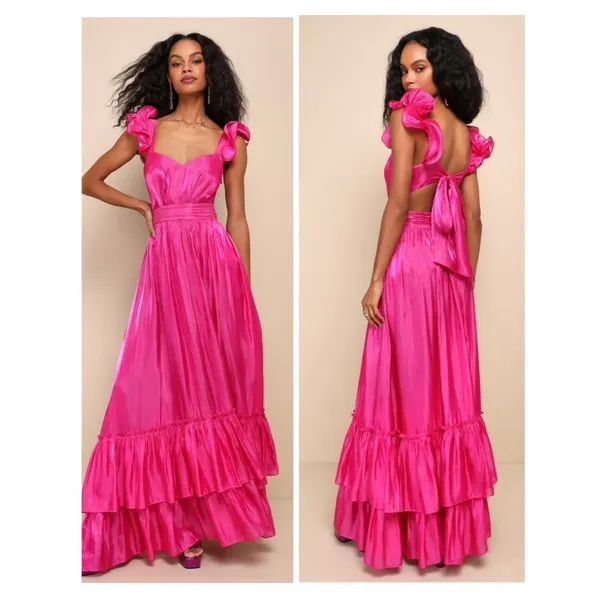 Lulus Pristine Glow Magenta Pink Ruffled Tie-Back Maxi Dress Size Small Formal - Image 2