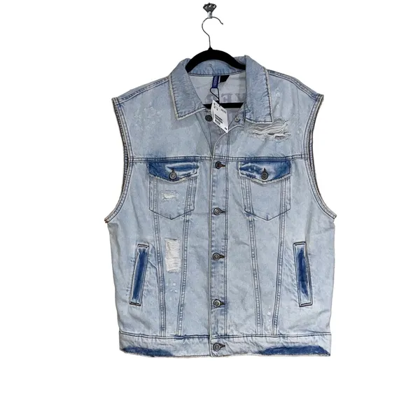 NWT H&M Denim Vest with Printed Design Distressed Denim Vest M - Image 8